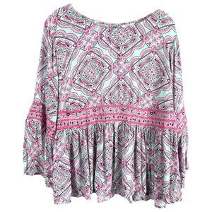Crown Ivy‎ Plus Size 0X Top Pink Green Peplum Hem Embroidered Bell Sleeves 1228